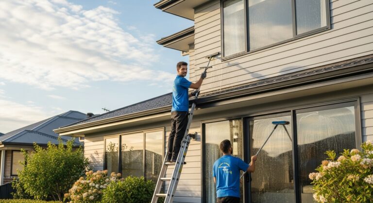 Two professional window washers cleaning large sliding glass doors on modern residential home exterior