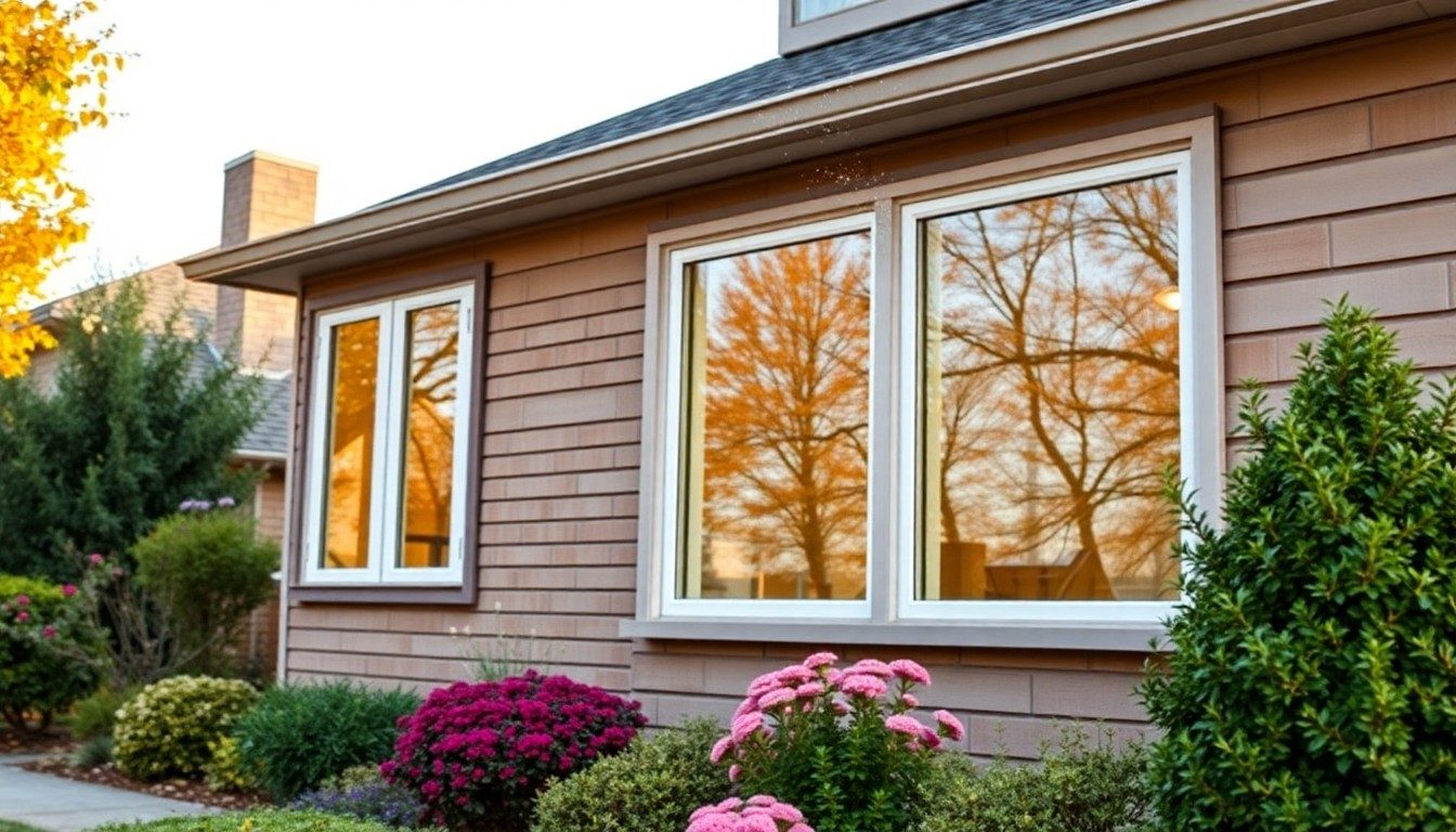 Exterior view of a residential home with large clean windows and landscaped garden featuring colorful flowers and shrubs