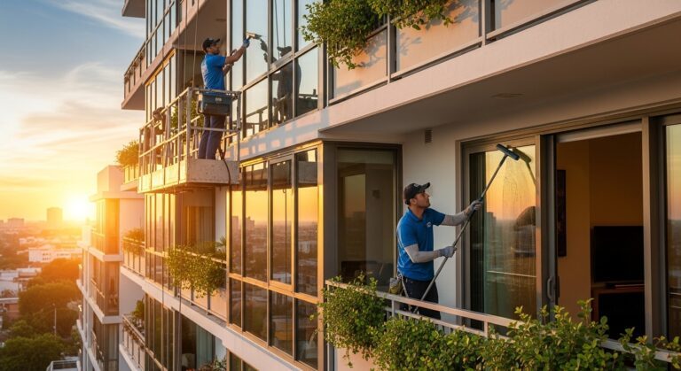 Chicago area Commercial window cleaner using water-fed pole system on Chicago high-rise apartment building balcony at sunset