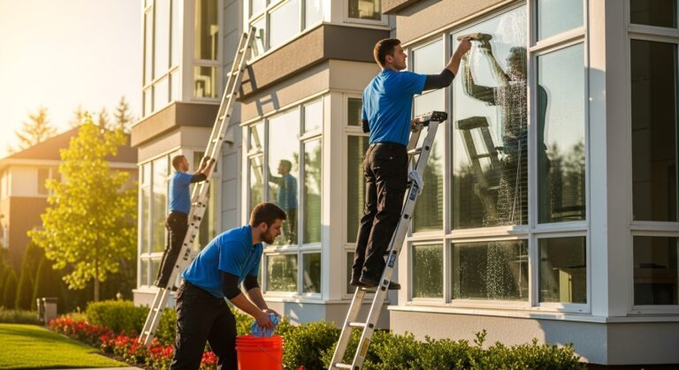 Professional window cleaners using ladders to wash exterior windows on a two-story brick home at sunset