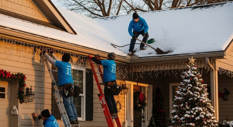 Local gutter cleaning company team working on residential gutter services during winter holiday season in Chicagoland area