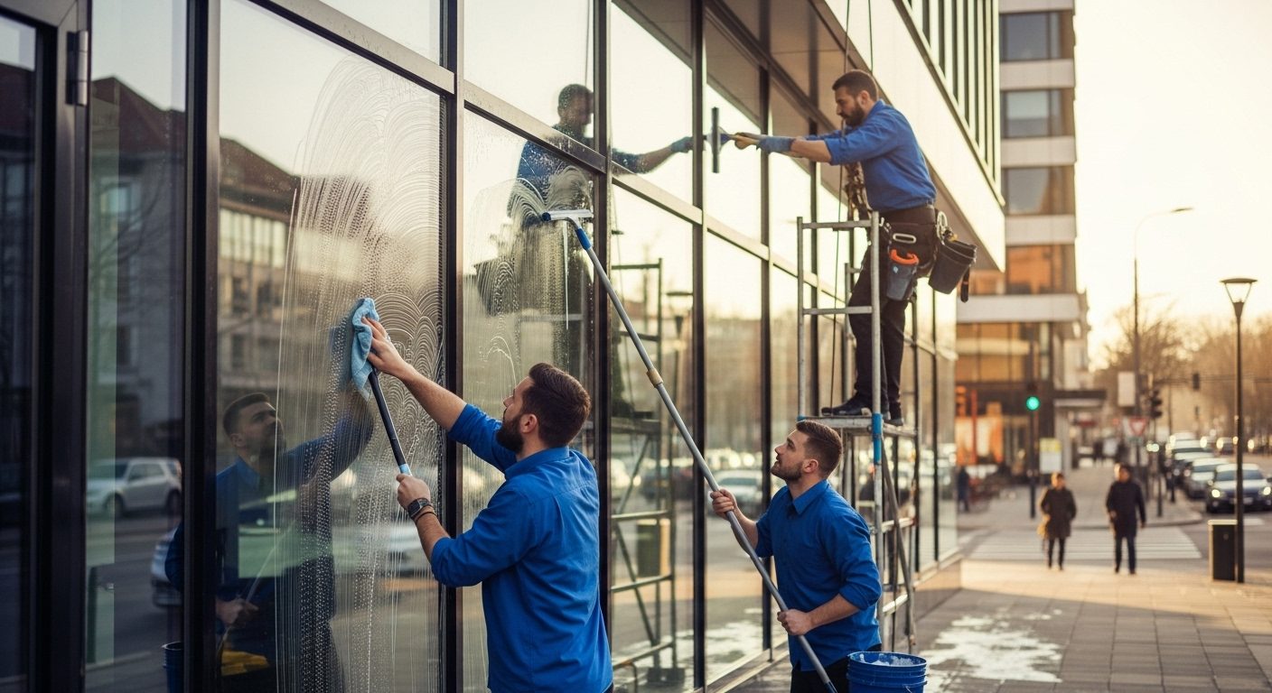Professional window cleaners using water-fed poles and squeegees for commercial storefront window washing in Chicago urban setting