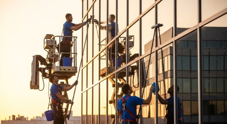 Professional commercial window cleaning team using lift equipment on Chicago office building during golden hour