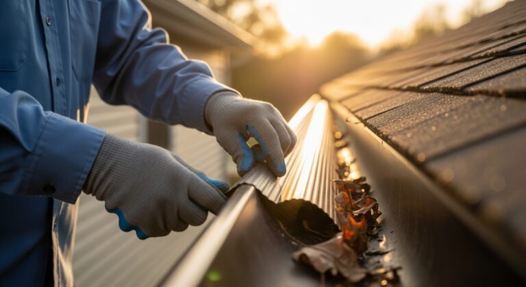 Close-up of professional cleaning gutter debris before Shur Flo Hydro Flo guard installation on Chicago home