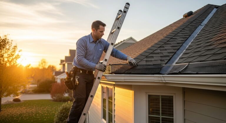 Professional installing Shur Flo and Hydro Flo gutter guards on residential Chicago home at sunset