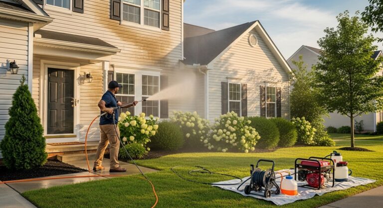 Professional power washing house siding and exterior cleaning service for residential home in Chicago suburbs showing proper equipment and technique