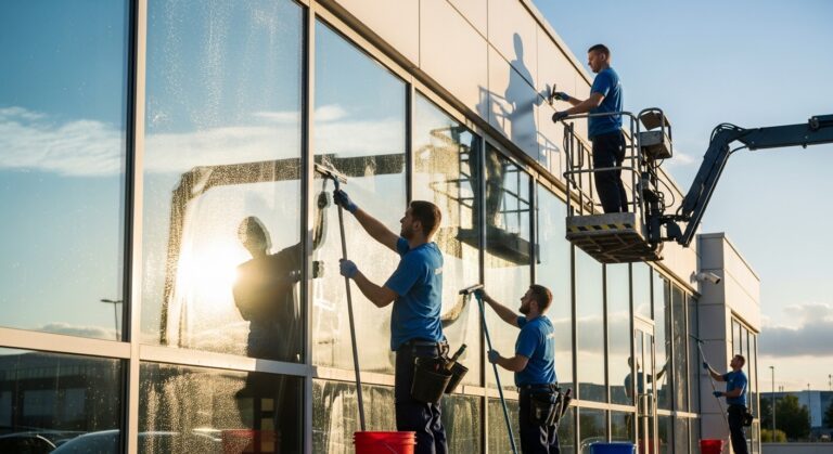 Commercial window washing crew using professional squeegees and equipment to clean large office building exterior in Chicago