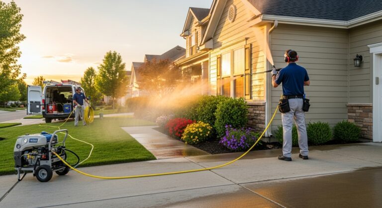 Professional power washing service cleaning residential driveway and home exterior in Chicago area with commercial-grade pressure washing equipment